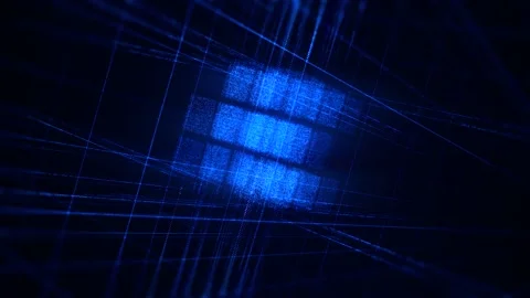 Digital 3D projection of cube from of neon lines. Animation. Laser lines Stock Footage 144132265