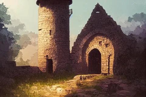 Digital 3D render of the beautiful fantasy ruins of a medieval castle in a fairy 스톡 일러스트