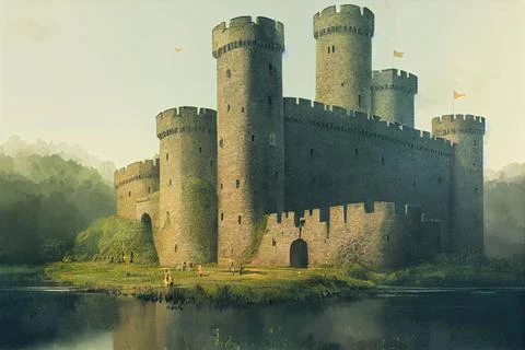 Digital 3D render of a beautiful fantasy medieval castle surrounded by a moat in 스톡 일러스트