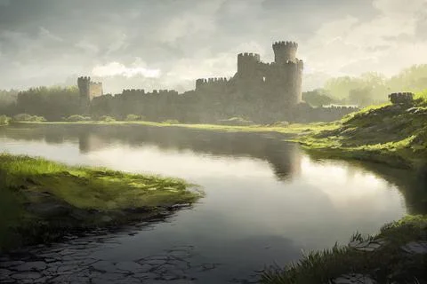 Digital 3D render of a beautiful fantasy medieval castle surrounded by a moat in 스톡 일러스트