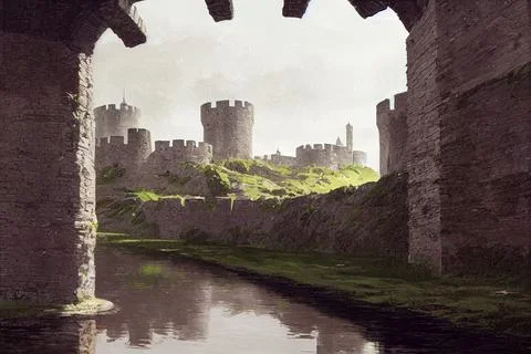 Digital 3D render of a beautiful fantasy medieval castle surrounded by a moat in 스톡 일러스트