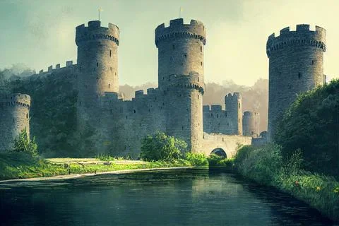 Digital 3D render of a beautiful fantasy medieval castle surrounded by a moat in 스톡 일러스트