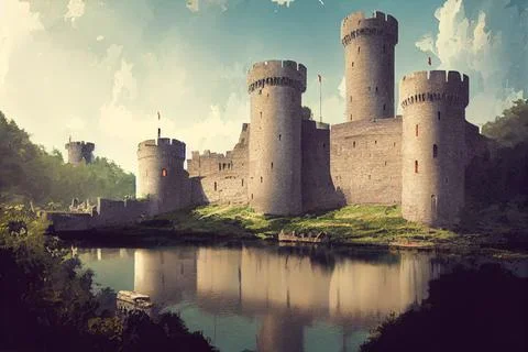 Digital 3D render of a beautiful fantasy medieval castle surrounded by a moat in 스톡 일러스트