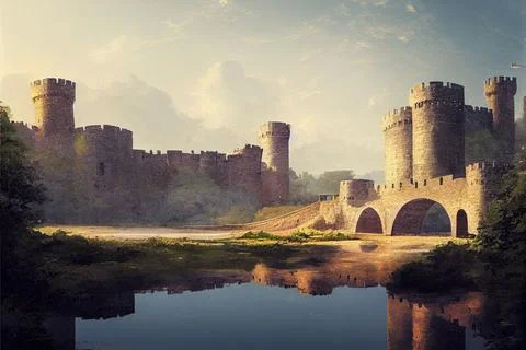 Digital 3D render of a beautiful fantasy medieval castle surrounded by a moat in 스톡 일러스트