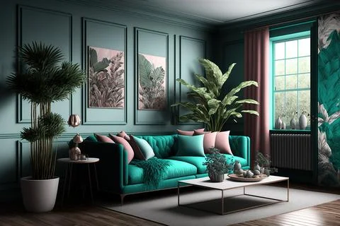 Digital 3D render of a beautiful living room interior with bright green walls an Stock Illustration