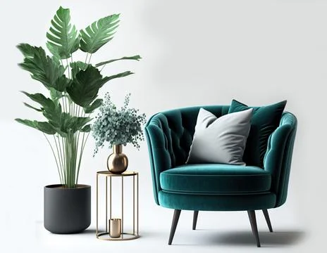 Digital 3D render of a blue living room seat and plants isolated on a white back Illustrazione stock