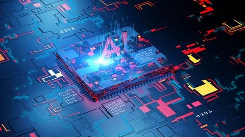 Digital 3d render of computer chip over circuit background with AI sign. AI(A Video stock 123578658