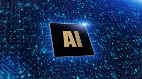 Digital 3d render of computer chip over circuit background with AI sign. AI(A Stock Footage 130086934