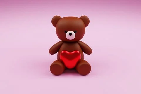 Digital 3D render of a cute romantic brown teddy bear figure with a heart on a p Stock Illustration