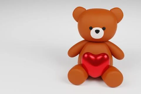 Digital 3D render of a cute romantic brown teddy bear figure with a heart on a w Stock Illustration