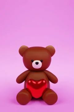 Digital 3D render of a cute romantic brown teddy bear figure with a heart on a p Stock Illustration