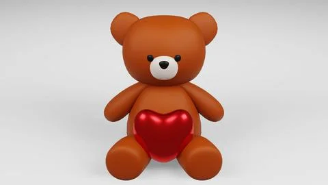 Digital 3D render of a cute romantic brown teddy bear figure with a heart on a w Stock Illustration