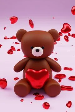 Digital 3D render of a cute smooth brown teddy bear figure with a heart on a rom Stock Illustration