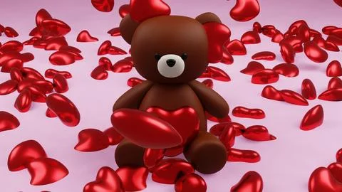 Digital 3D render of a cute smooth brown teddy bear figure with a heart on a rom Stock Illustration