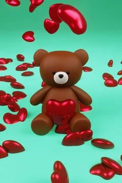 Digital 3D render of a cute smooth brown teddy bear figure with a heart on a rom Stock Illustration