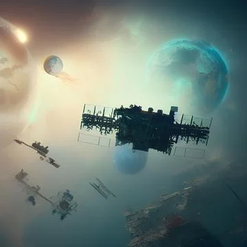 Digital 3D render of fantasy satellites in space surrounded by planets and aster Illustrazione stock