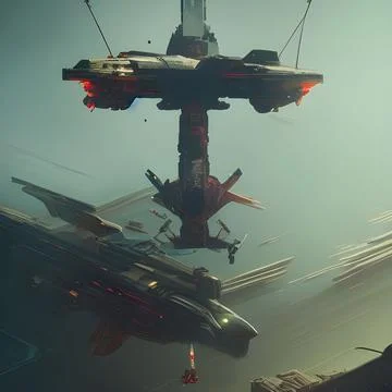 Digital 3D render of fantasy spaceships in space with asteroids Stock Illustration