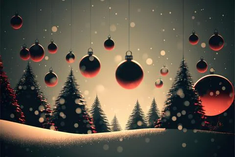 Digital 3D render of a festive Christmas background with ornaments and trees Stock Illustration