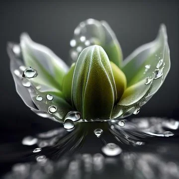 Digital 3D render of a geometric green flower bud with dew droplets Stock Illustration