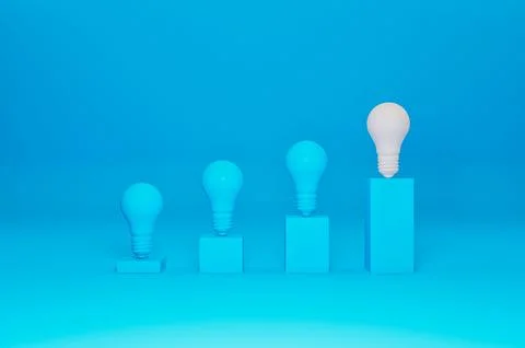 Digital 3D render of a growing histogram bars with lightbulbs and the last light Illustrazione stock