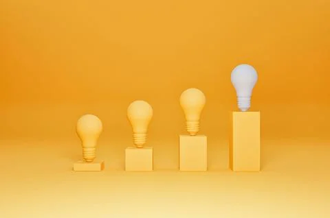 Digital 3D render of a growing histogram bars with lightbulbs and the last light Stock Illustration