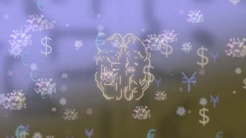 Digital 3d render of a hud-style human brain with dollar, euro and yen icon Stock Illustration
