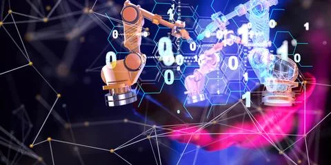 Digital 3d render industry 4.0 concept , robot arm in smart factory background Stock Photos