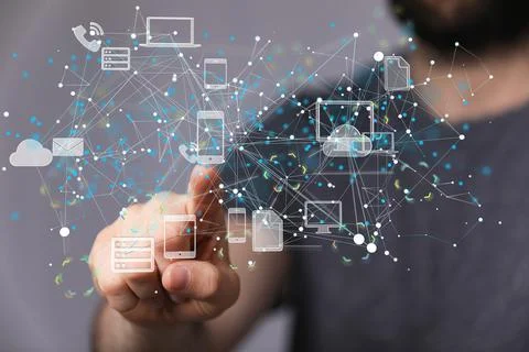 Digital 3d render of polygonal wireframe art with electronic devices Stock Photos