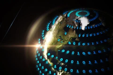Digital 3D render showing planet Earth orbiting in space, with glowing blue 스톡 일러스트