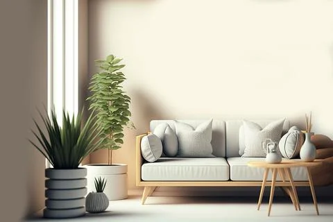 Digital 3D render of a simple living room with a white sofa and green plants Stock Illustration