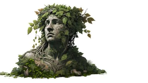 Digital 3D render of a stone statue bust with overgrown ivy leaves on a white ba Stock Illustration