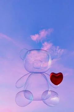Digital 3D render of a transparent teddy bear figure with a heart on a sky backg Stock Illustration