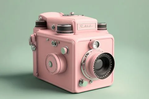 Digital 3D render of a vintage retro pink camera on a green background 스톡 일러스트