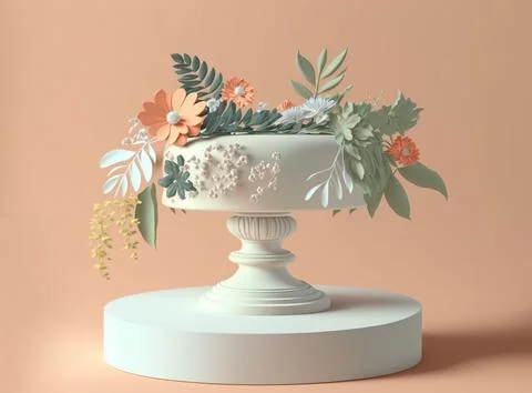 Digital 3D render of a white cake pedestal with pastel floral and leaf designs Stock Illustration