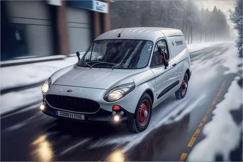 Digital 3D render of a white car driving on an icy road in the snow Stock Illustration