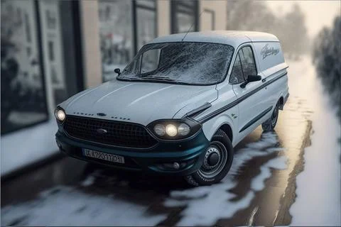 Digital 3D render of a white car driving on an icy road in the snow Stock Illustration