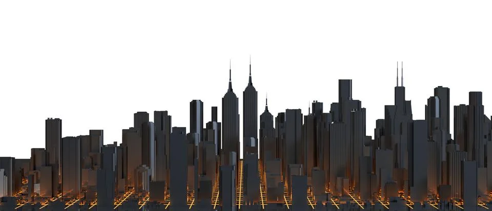 Digital 3d rendering city. Light trails symbolise data travelling in modern city Stock Illustration