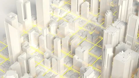 Digital 3d rendering city. Light trails symbolise data travelling in modern city Ilustración de archivo