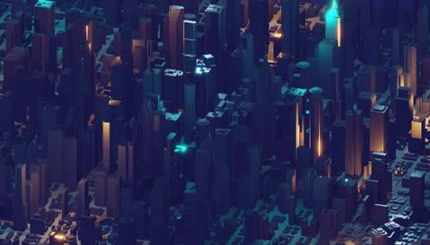 Digital 3d rendering city. Light trails symbolise data travelling in modern city Stock Illustration