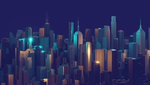 Digital 3d rendering city. Light trails symbolise data travelling in modern city Ilustración de archivo