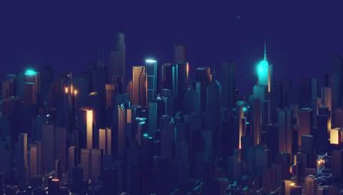 Digital 3d rendering city. Light trails symbolise data travelling in modern city Stock Illustration