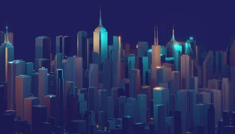 Digital 3d rendering city. Light trails symbolise data travelling in modern city Stock Illustration