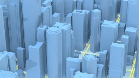 Digital 3d rendering city. Light trails symbolise data travelling in modern city Illustrazione stock