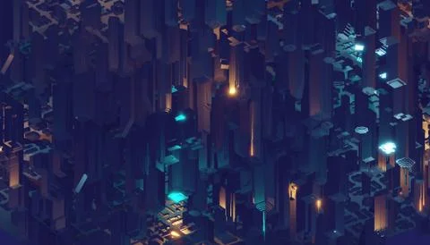 Digital 3d rendering city. Light trails symbolise data travelling in modern city Stock-Illustration