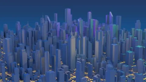 Digital 3d rendering city. Light trails symbolise data travelling in modern city Stock Illustration