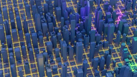 Digital 3d rendering city. Light trails symbolise data travelling in modern city Stock Illustration