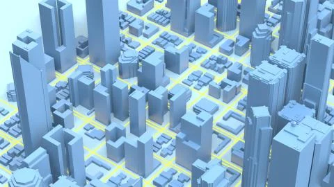 Digital 3d rendering city. Light trails symbolise data travelling in modern city Illustrazione stock