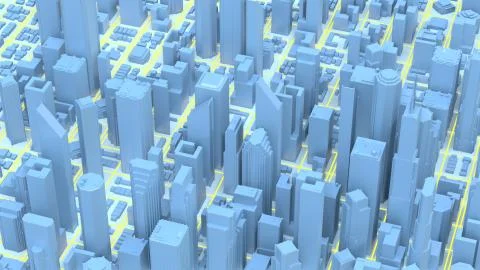 Digital 3d rendering city. Light trails symbolise data travelling in modern city Illustrazione stock