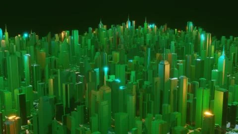 Digital 3d rendering city. Light trails symbolise data travelling in modern city Stock Illustration