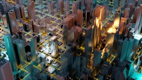 Digital 3d rendering city. Light trails symbolise data travelling in modern city Ilustración de archivo